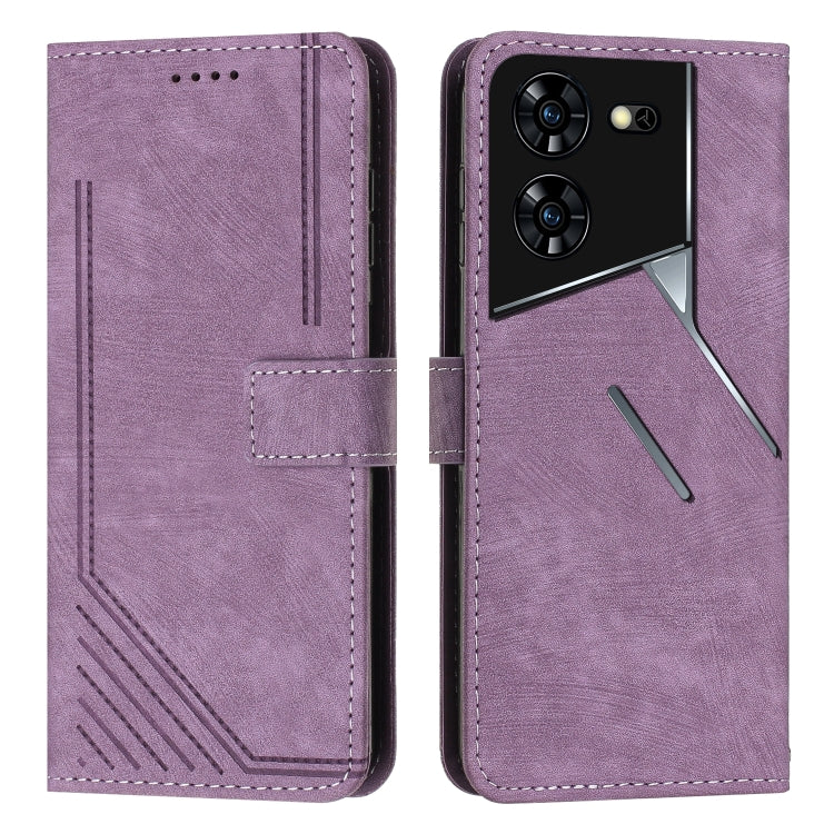 Skin Feel Stripe Pattern Leather Phone Case with Lanyard, For Tecno Pova 5 Pro