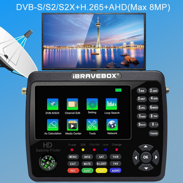 iBRAVEBOX V10 Finder Max+ 4.3 inch Display Digital Satellite Meter Signal Finder, Support DVB-S/S2/S2X AHD, EU Plug, US Plug, UK Plug, AU Plug