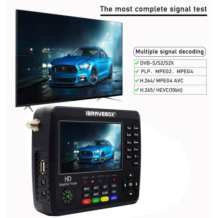 iBRAVEBOX V10 Finder Max+ 4.3 inch Display Digital Satellite Meter Signal Finder, Support DVB-S/S2/S2X AHD, EU Plug, US Plug, UK Plug, AU Plug