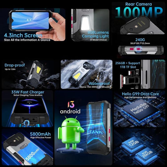 Unihertz Tank mini 1 / 8849, 100MP Kamera, 4,3 Zoll Android 13 Helio G99 Octa Core, Netzwerk: 4G, Tank mini 1 12GB+256GB