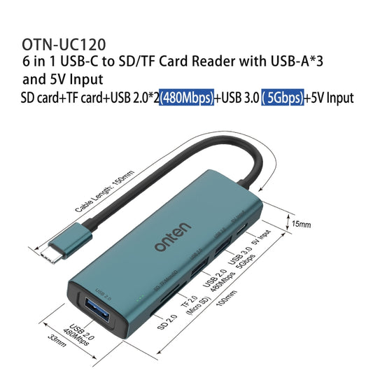 Onten UC120 6 in 1 USB-C to SD / TF Card Reader with 3-Ports USB HUB & 5V Input, UC120