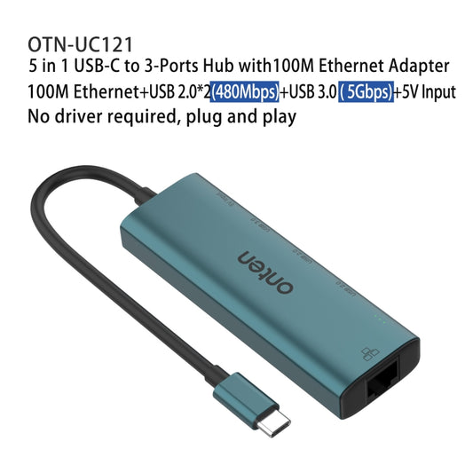 Onten UC121 5 in 1 USB-C / Type-C to USB 3.0 HUB with 5V Input & 100Mbps Network Card, UC121