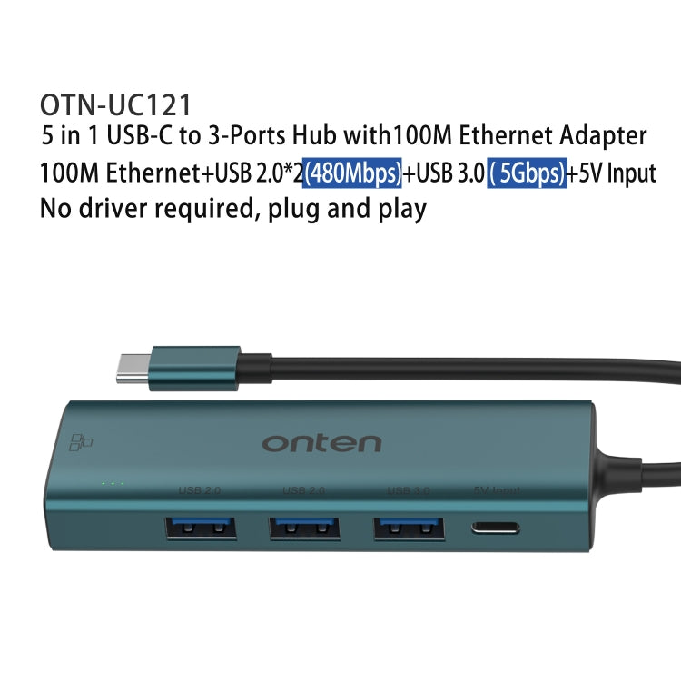 Onten UC121 5 in 1 USB-C / Type-C to USB 3.0 HUB with 5V Input & 100Mbps Network Card, UC121