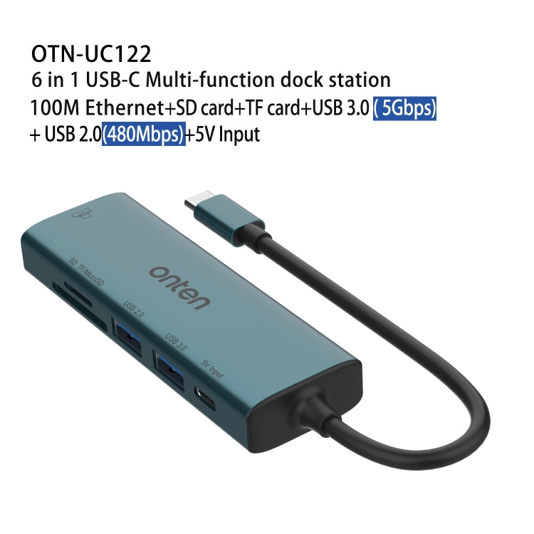 Onten UC122 6 in 1 USB-C / Type-C to SD + TF Card + USB 3.0 HUB with 5V Input & 100Mbps Network Card, UC122