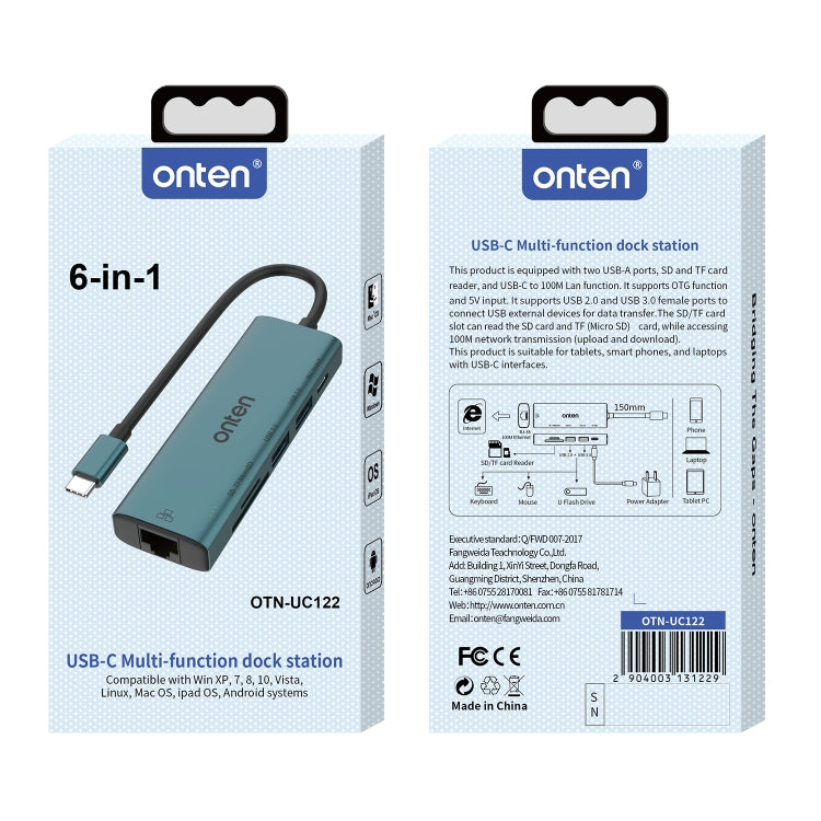 Onten UC122 6 in 1 USB-C / Type-C to SD + TF Card + USB 3.0 HUB with 5V Input & 100Mbps Network Card, UC122