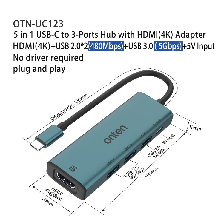 Onten UC123 5 in 1 USB-C / Type-C to HDMI + USB3.0 HUB Docking Station with 5V Input, UC123
