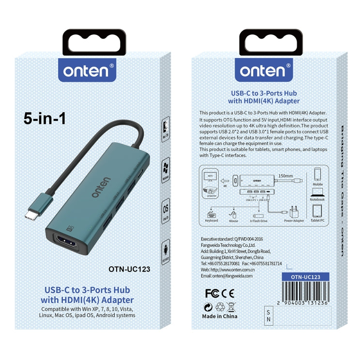 Onten UC123 5 in 1 USB-C / Type-C to HDMI + USB3.0 HUB Docking Station with 5V Input, UC123