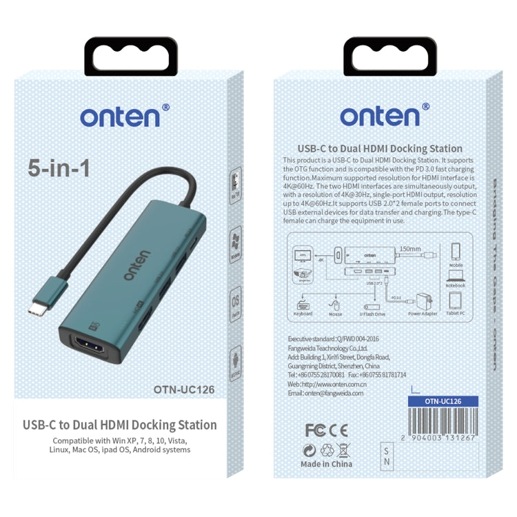 Onten UC126 5 in 1 USB-C / Type-C to Dual HDM I+ USB2.0 + PD3.0 Multi-function HUB Docking Station, UC126
