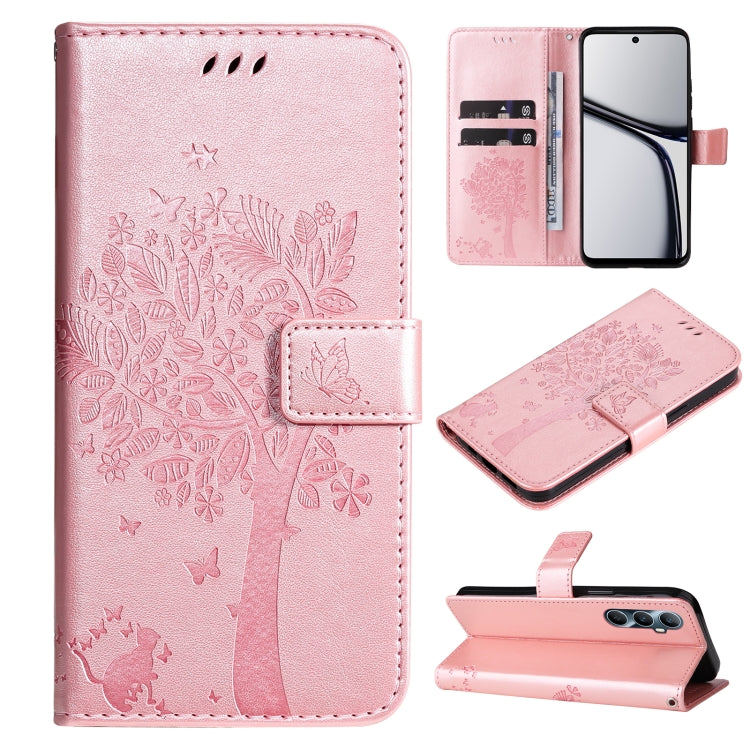 Tree & Cat Embossed Pattern Flip Leather Phone Case, For Realme 14x 5G Global, For Realme C65 4G