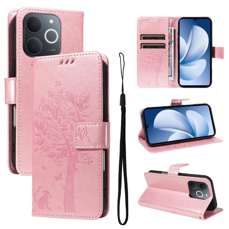 Tree & Cat Embossed Pattern Flip Leather Phone Case, For Realme 16T 5G, For Realme 16 Pro+ 5G Global, For Realme 16 Pro 5G Global, For Realme P4x 5G, For Realme C85 5G/15X 5G India, For Realme C85 Pro 4G, For Realme 15T 5G, For Realme C71 4G India