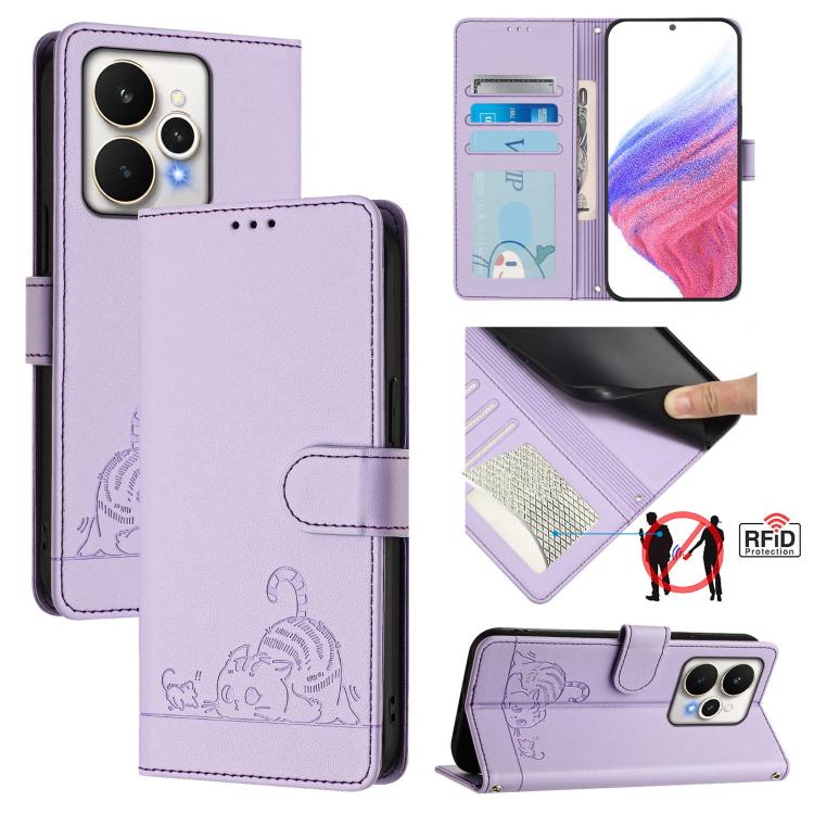 Cat Rat Embossed Pattern RFID Leather Phone Case with Lanyard, For Realme P4x 5G / OnePlus Nord CE6 Lite, For Realme 16T 5G Global, For Realme C100 5G / C85 5G Global, For Realme P4 Power 5G, For Realme Note 80 4G Global, For Realme C83 5G India / C85 ...