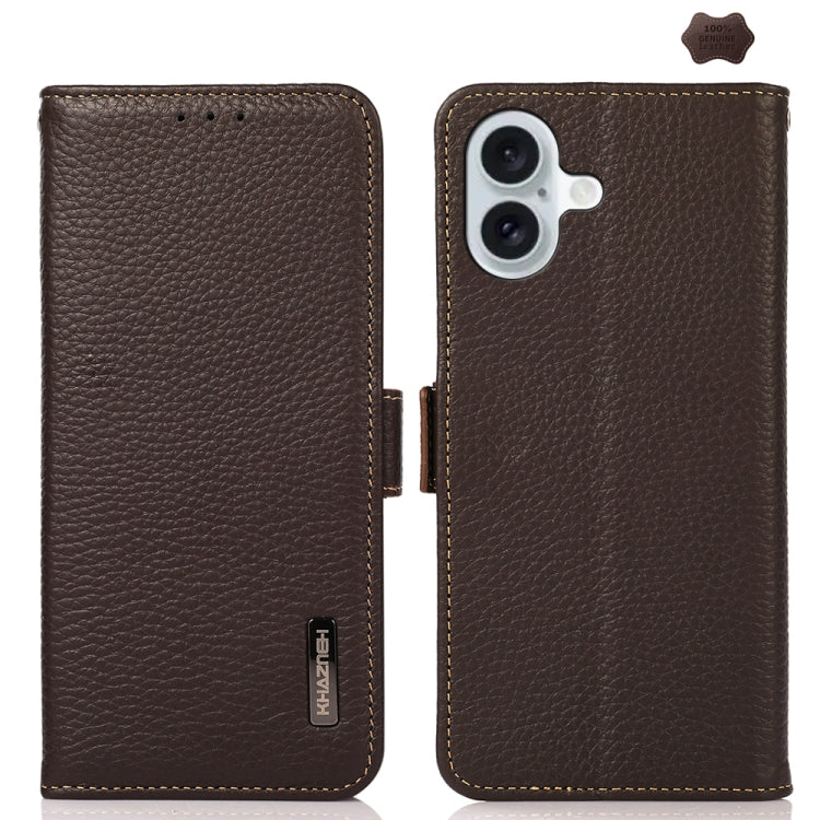 KHAZNEH Side-Magnetic Litchi Genuine Leather RFID Case, For iPhone 18 Pro / 17 Pro, For iPhone 18 Pro Max / 17 Pro Max, For iPhone 16e / 17e, For iPhone 17, For iPhone Air, For iPhone 16 Pro Max, For iPhone 16 Pro, For iPhone 16 Plus, For iPhone 16
