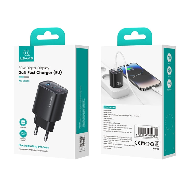 USAMS CC229 30W USB+USB-C / Type-C Dual Port GaN Digital Display Charger, Specifications: EU Plug, CC229