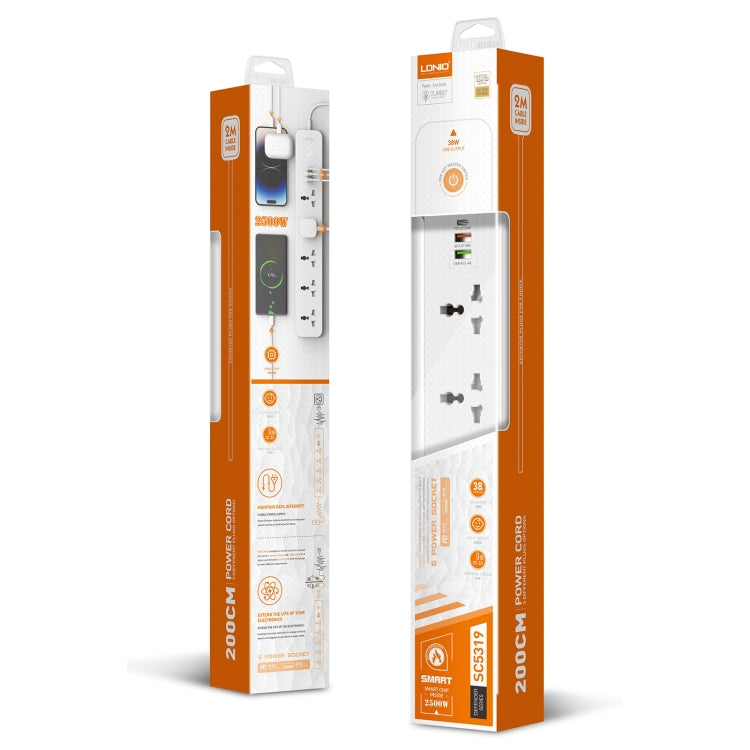 LDNIO SC5319 5-position Travel Home Office Socket with 38W USB Ports, Cable Length: 2m, EU Plug, UK Plug, US Plug