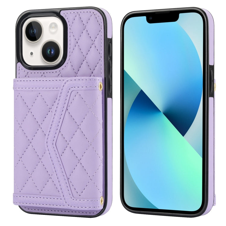 Splicing Rhombic Texture Card Bag Phone Case with Long Lanyard