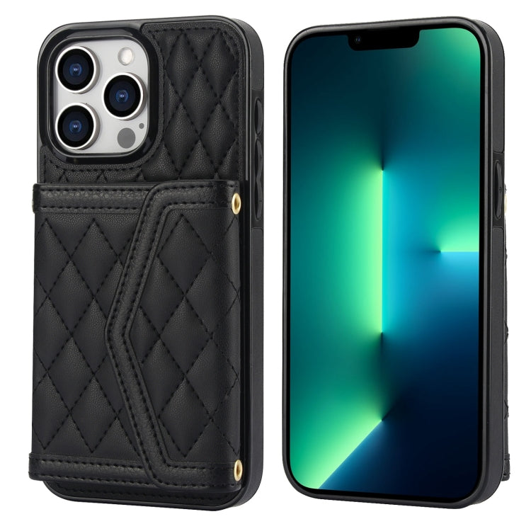 Splicing Rhombic Texture Card Bag Phone Case with Long Lanyard