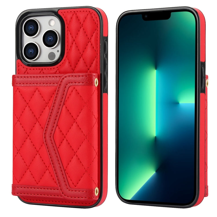 Splicing Rhombic Texture Card Bag Phone Case with Long Lanyard
