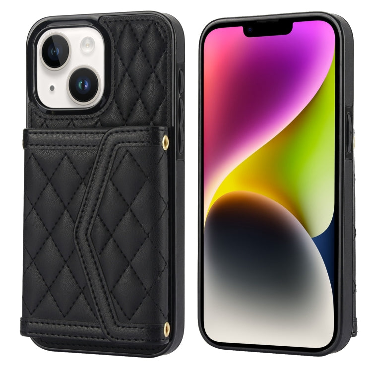Splicing Rhombic Texture Card Bag Phone Case with Long Lanyard