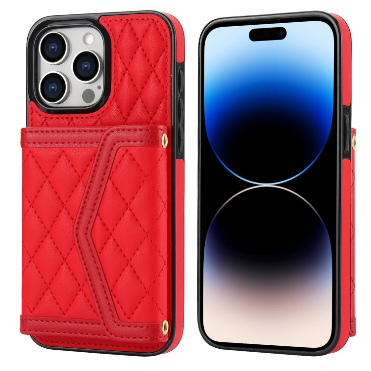 Splicing Rhombic Texture Card Bag Phone Case with Long Lanyard