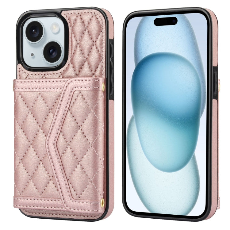 Splicing Rhombic Texture Card Bag Phone Case with Long Lanyard