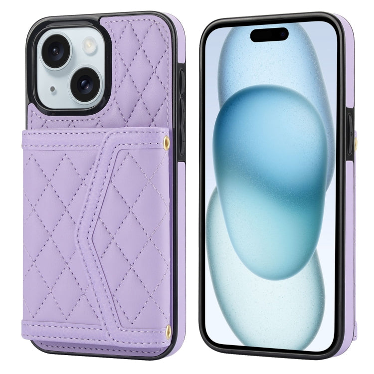 Splicing Rhombic Texture Card Bag Phone Case with Long Lanyard