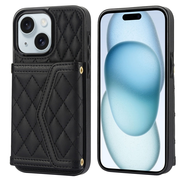 Splicing Rhombic Texture Card Bag Phone Case with Long Lanyard