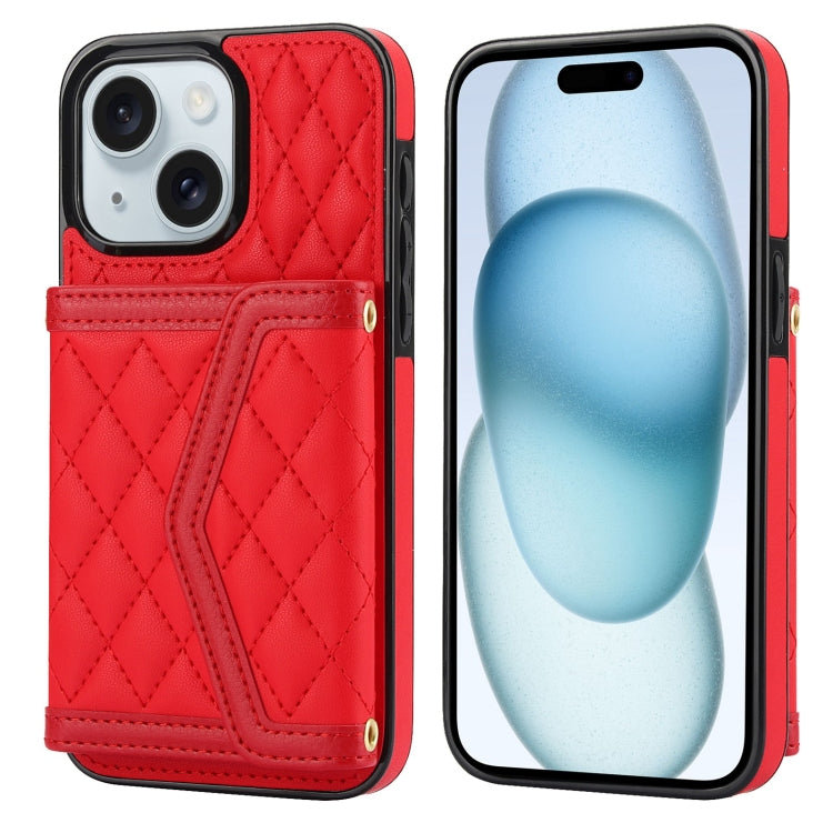 Splicing Rhombic Texture Card Bag Phone Case with Long Lanyard