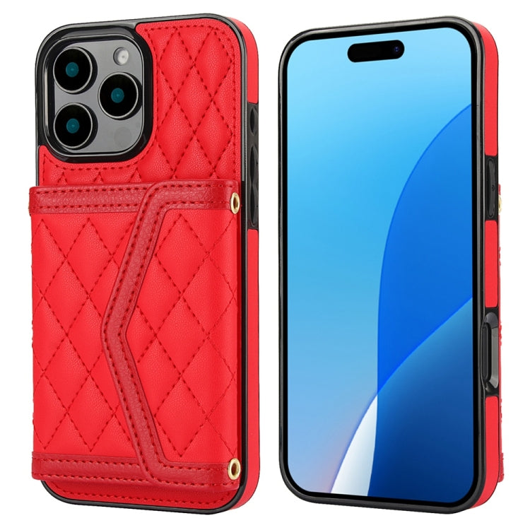 Splicing Rhombic Texture Card Bag Phone Case with Long Lanyard
