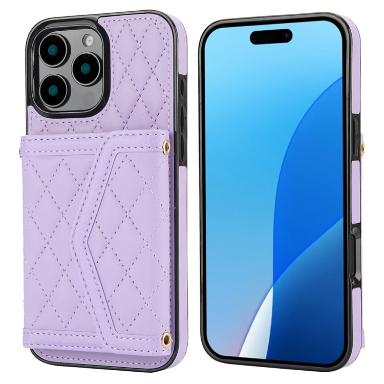 Splicing Rhombic Texture Card Bag Phone Case with Long Lanyard