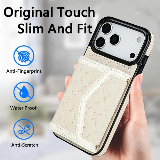 Splicing Rhombic Texture Card Bag Phone Case with Long Lanyard