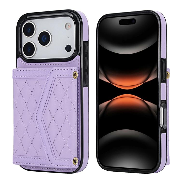 Splicing Rhombic Texture Card Bag Phone Case with Long Lanyard