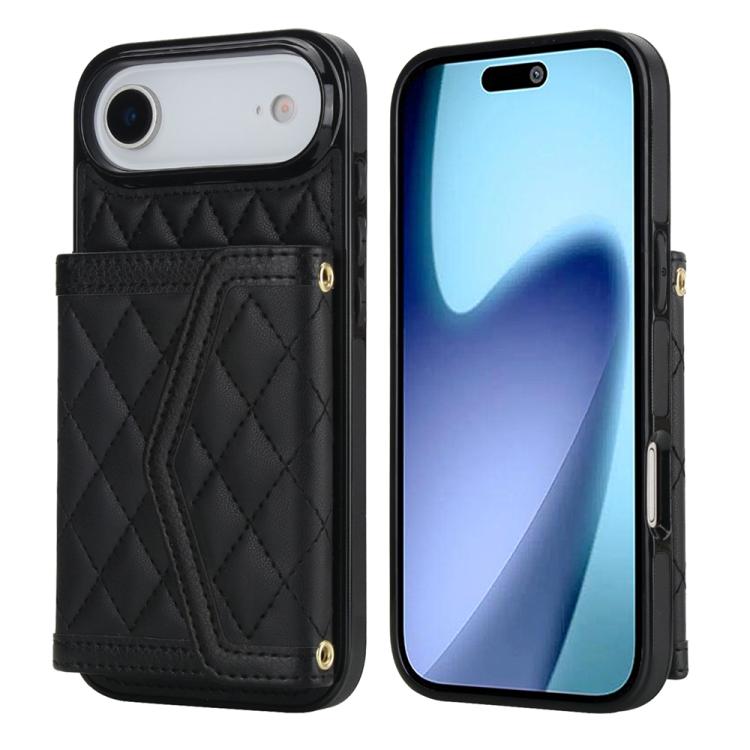 Splicing Rhombic Texture Card Bag Phone Case with Long Lanyard