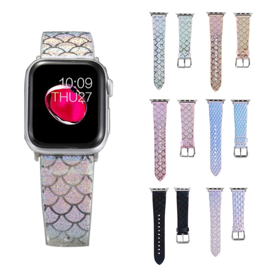 Discolor Glitter Fish Scale Texture Replacement Strap Watchband, For Apple Watch 5 & 4 40mm / 3 & 2 & 1 38mm, For Apple Watch 5 & 4 44mm / 3 & 2 & 1 42mm