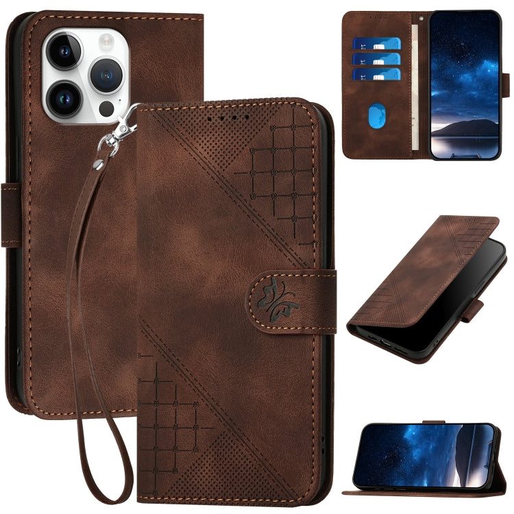 YX0080 Grid Butterfly Embossed Pattern Flip Leather Phone Case with Lanyard