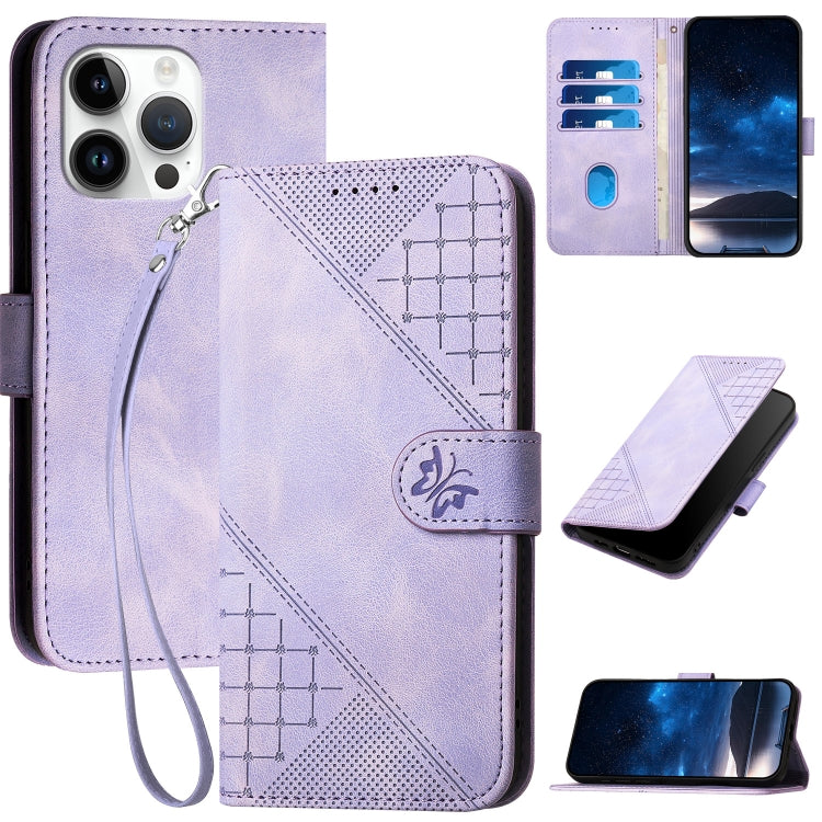 YX0080 Grid Butterfly Embossed Pattern Flip Leather Phone Case with Lanyard