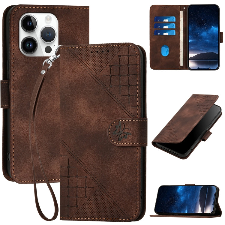 YX0080 Grid Butterfly Embossed Pattern Flip Leather Phone Case with Lanyard