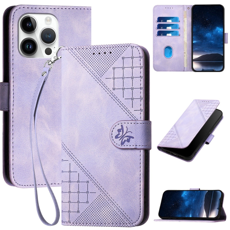 YX0080 Grid Butterfly Embossed Pattern Flip Leather Phone Case with Lanyard