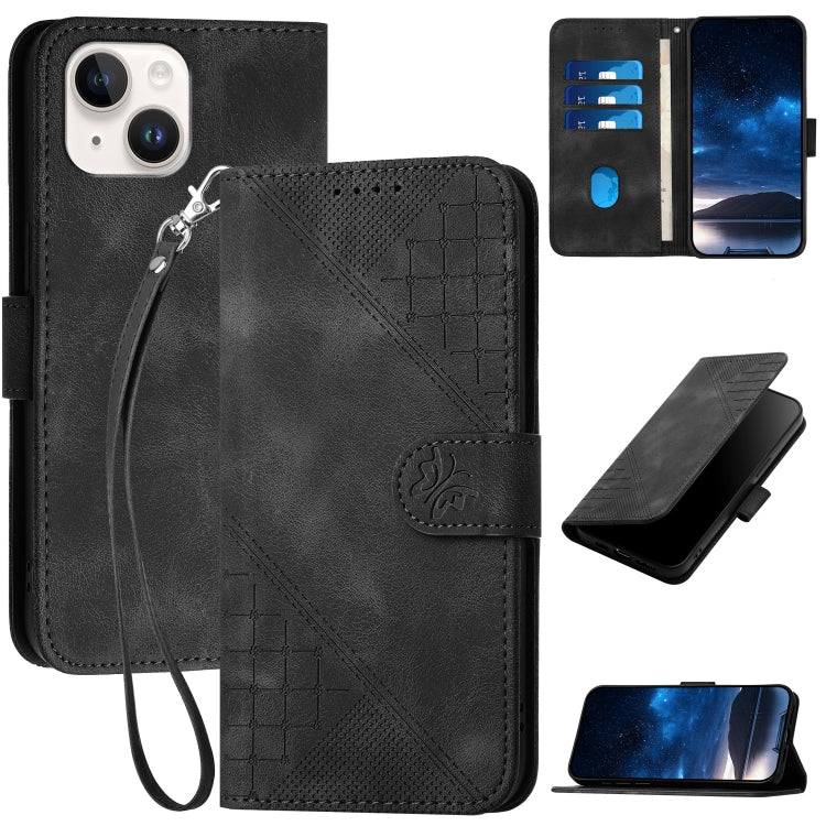 YX0080 Grid Butterfly Embossed Pattern Flip Leather Phone Case with Lanyard