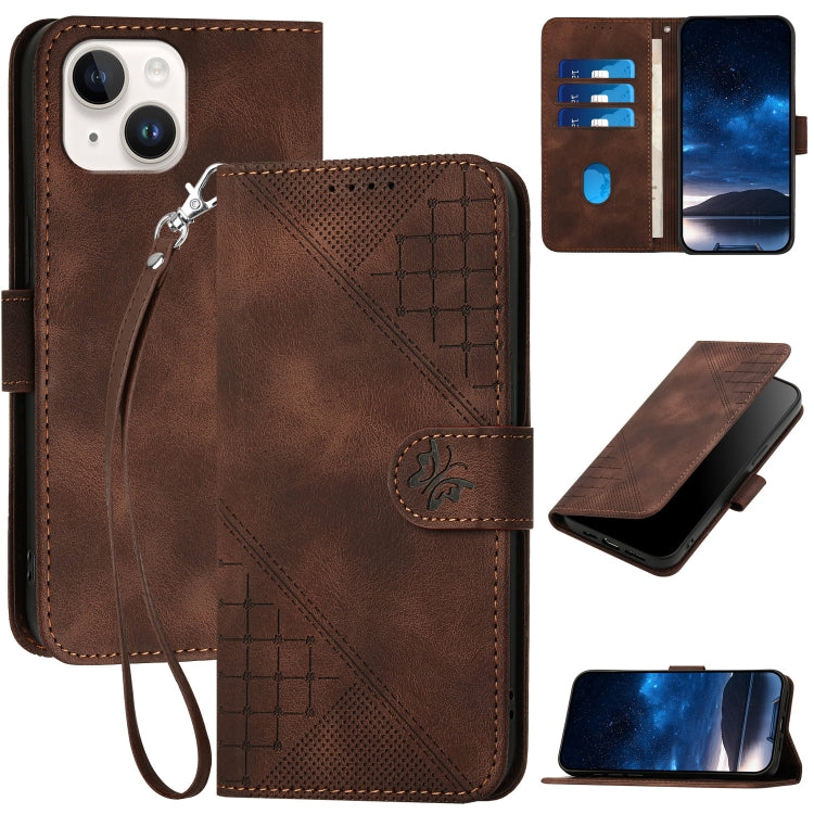 YX0080 Grid Butterfly Embossed Pattern Flip Leather Phone Case with Lanyard