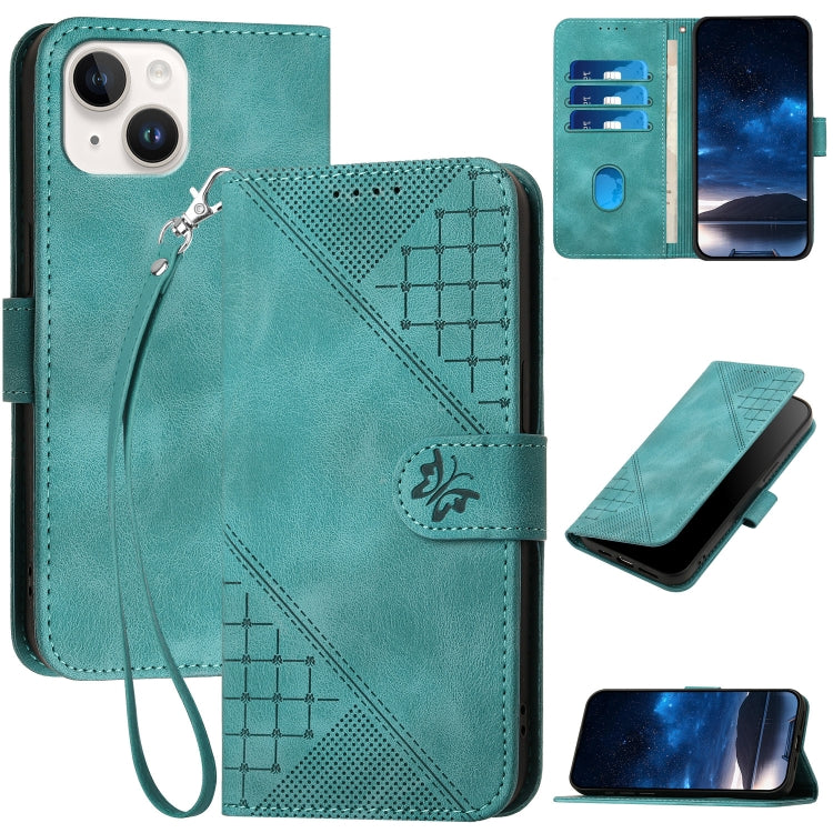 YX0080 Grid Butterfly Embossed Pattern Flip Leather Phone Case with Lanyard