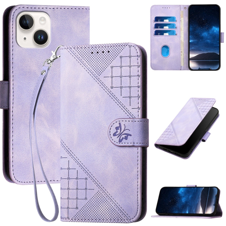 YX0080 Grid Butterfly Embossed Pattern Flip Leather Phone Case with Lanyard