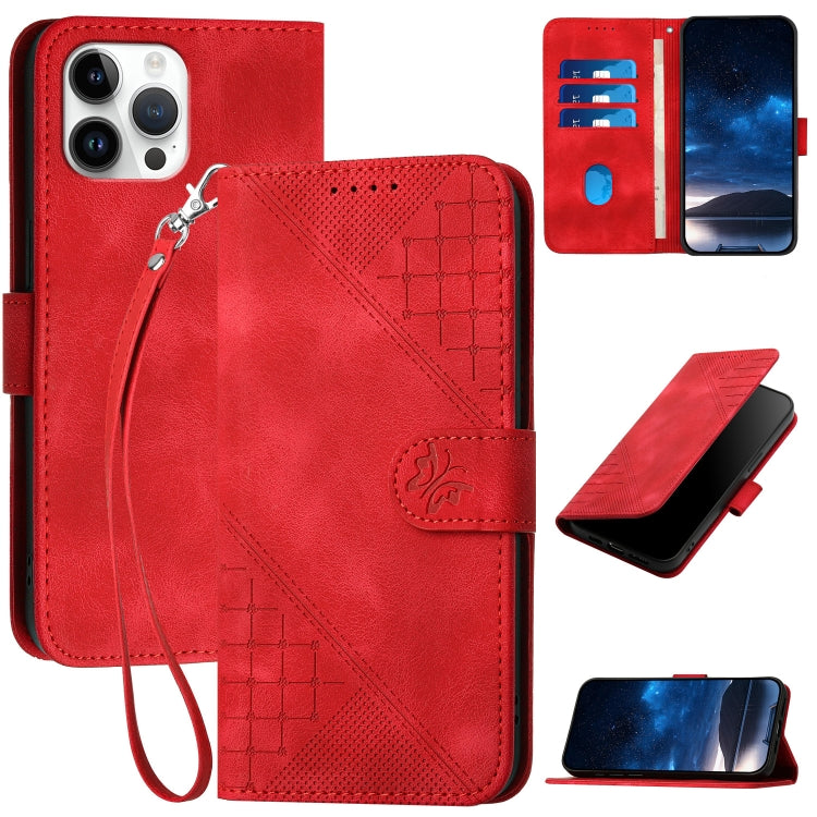 YX0080 Grid Butterfly Embossed Pattern Flip Leather Phone Case with Lanyard