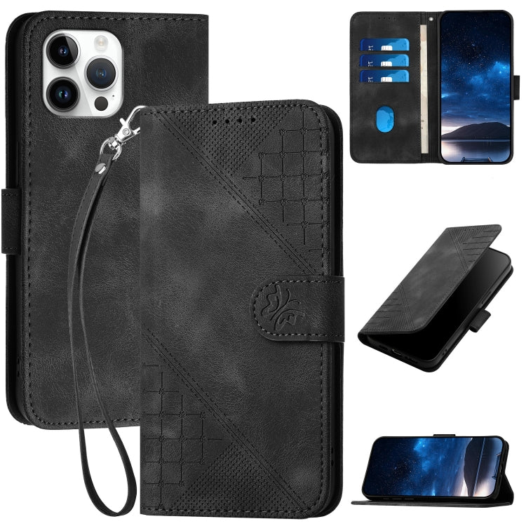 YX0080 Grid Butterfly Embossed Pattern Flip Leather Phone Case with Lanyard