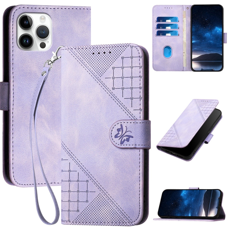 YX0080 Grid Butterfly Embossed Pattern Flip Leather Phone Case with Lanyard