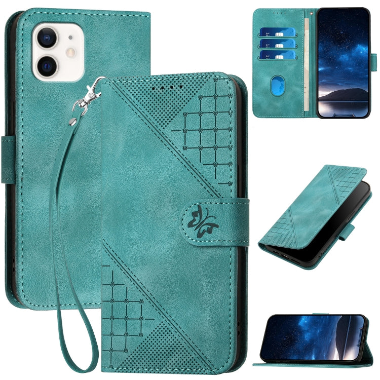 YX0080 Grid Butterfly Embossed Pattern Flip Leather Phone Case with Lanyard
