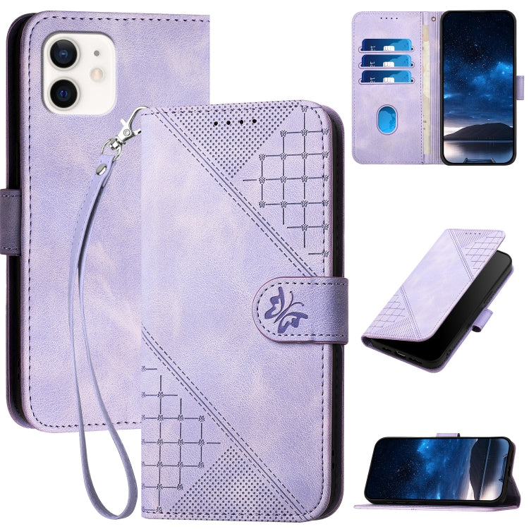 YX0080 Grid Butterfly Embossed Pattern Flip Leather Phone Case with Lanyard