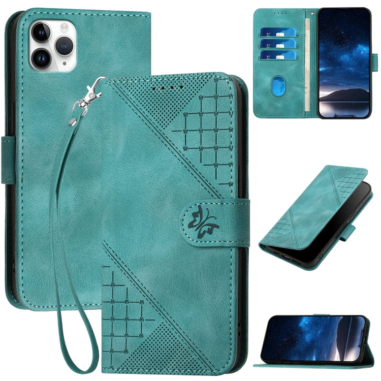 YX0080 Grid Butterfly Embossed Pattern Flip Leather Phone Case with Lanyard