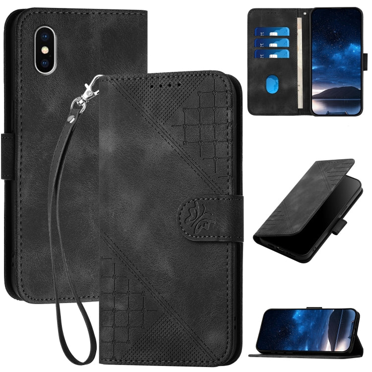 YX0080 Grid Butterfly Embossed Pattern Flip Leather Phone Case with Lanyard