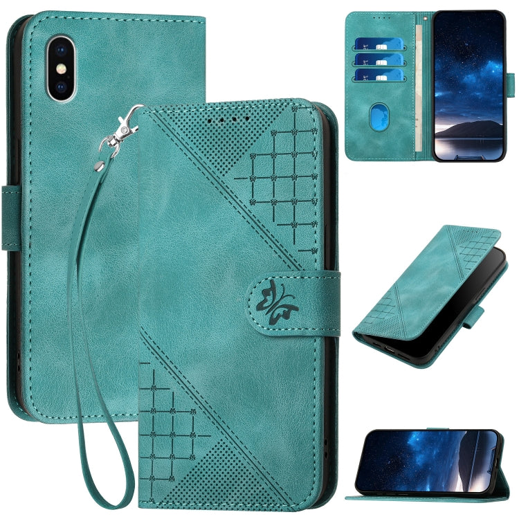 YX0080 Grid Butterfly Embossed Pattern Flip Leather Phone Case with Lanyard