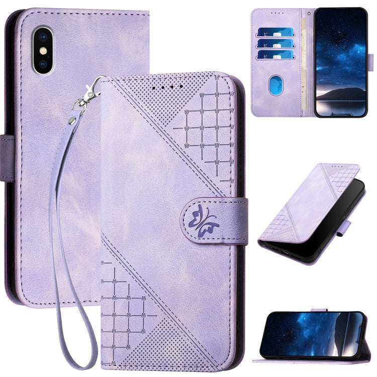YX0080 Grid Butterfly Embossed Pattern Flip Leather Phone Case with Lanyard